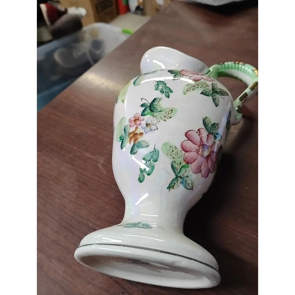 Vintage Japanese Light Green Floral Pitcher Ceramics Gold Trim Lusterware